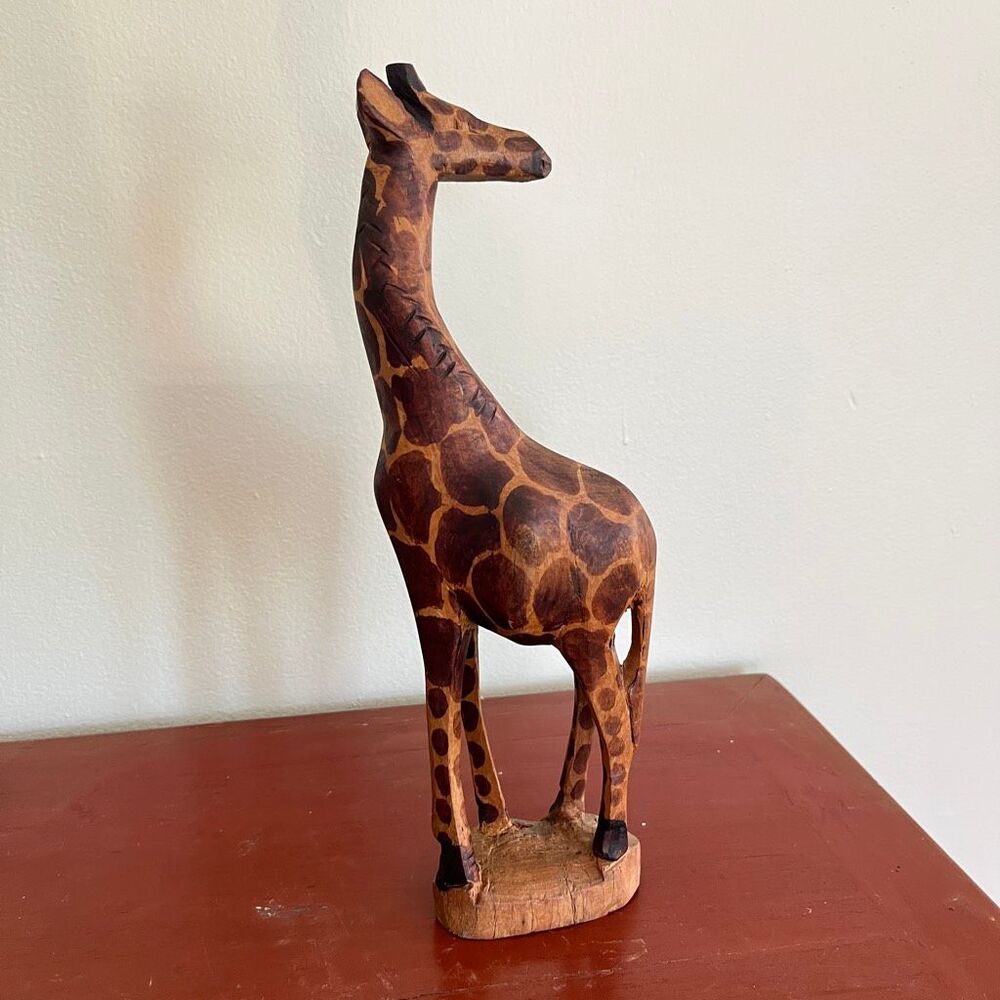 VTG Hand Carved Wood Giraffe Figurine Safari Animal Sculpture Boho African Decor